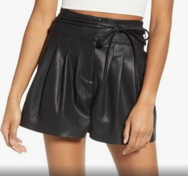 BLANKNYC Faux Leather High Waist Rise Paperbag Pleated Shorts In Black