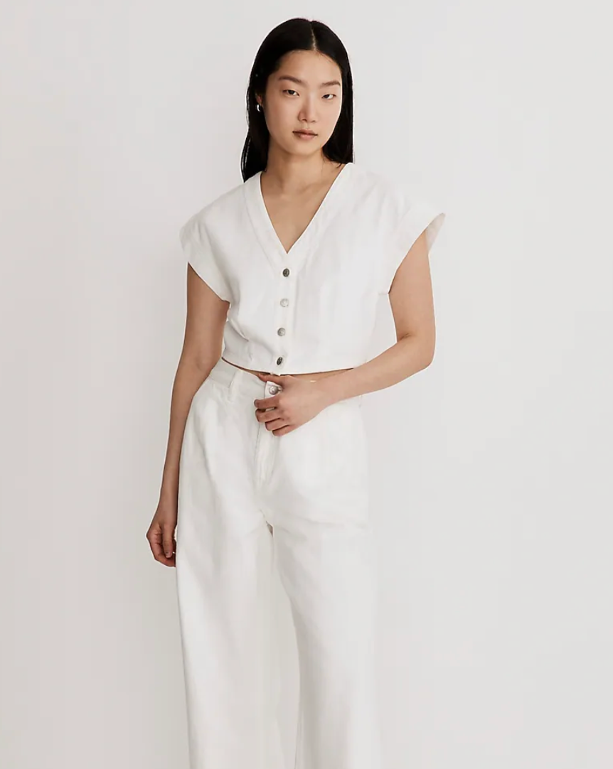Madewell Denim Cap-Sleeve Crop Top in Tile White