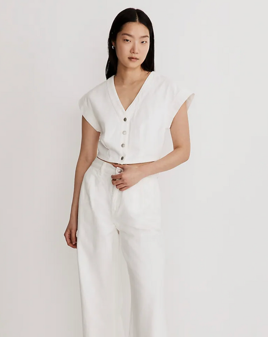 Madewell Denim Cap-Sleeve Crop Top in Tile White