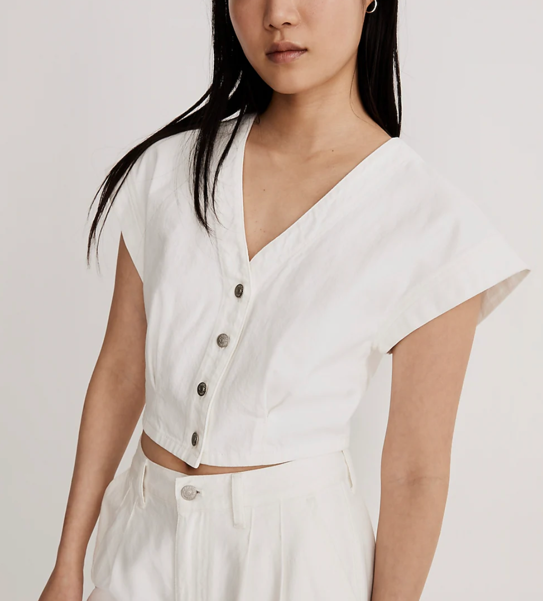 Madewell Denim Cap-Sleeve Crop Top in Tile White