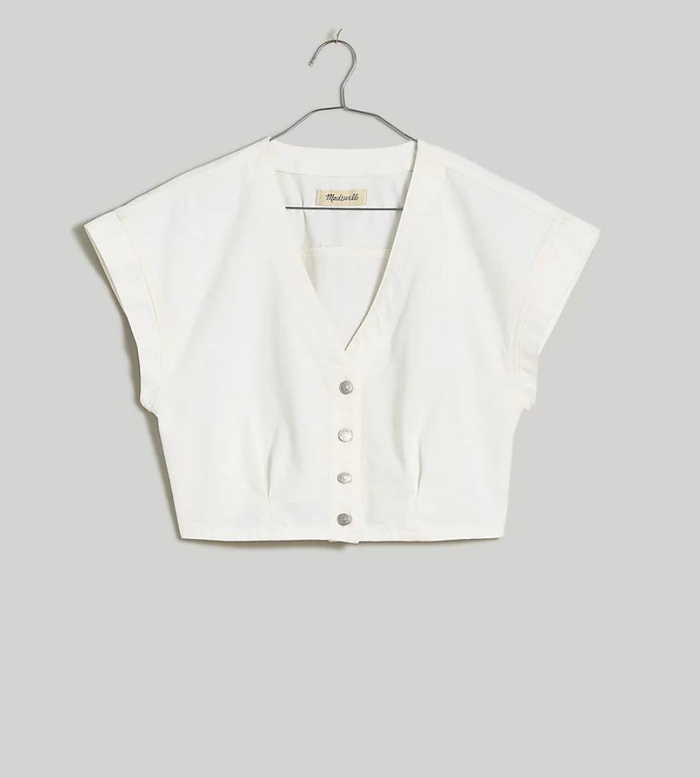 Madewell Denim Cap-Sleeve Crop Top in Tile White